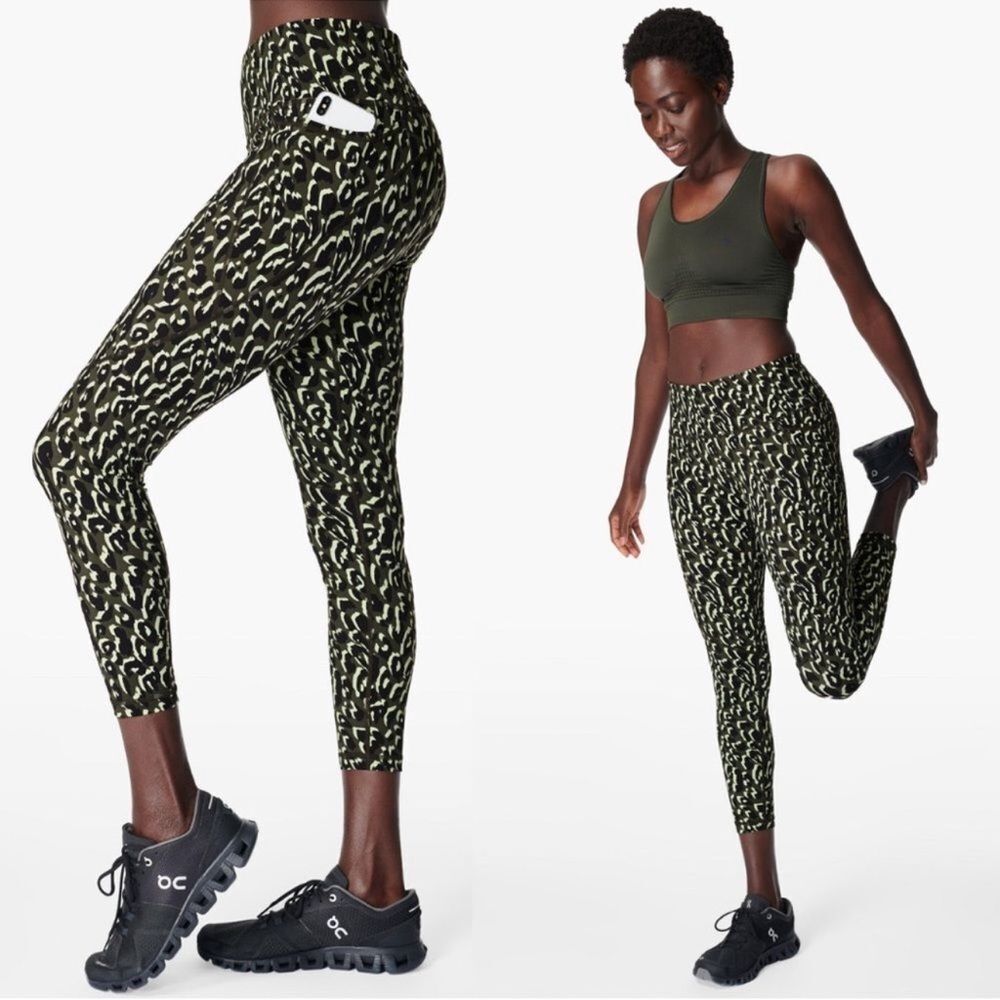 Sweaty Betty Power 7/8 Workout Leggings Leopard Print Green Side Pocket Small